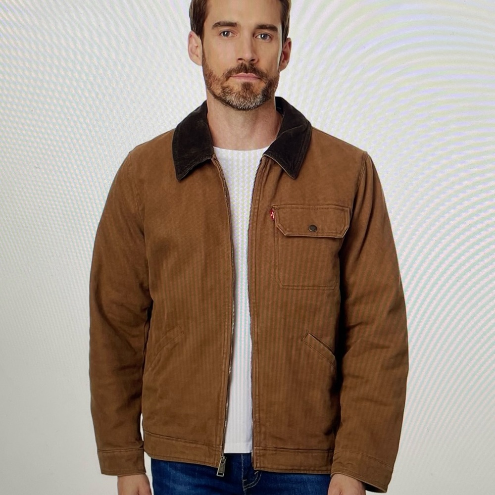 Levis XL Garment Washed Quilted Jacket With Corduroy Collar & Pockets Brown